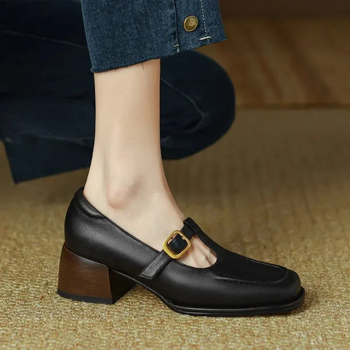 Timeless women's brown T-Strap Mary Jane block heel shoes, combining classic style with comfort.
