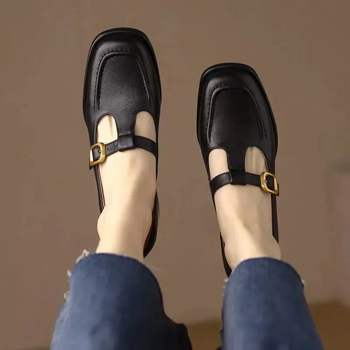 Close-up of brown T-Strap Mary Jane block heel shoes, showcasing the strap detail and square toe.
