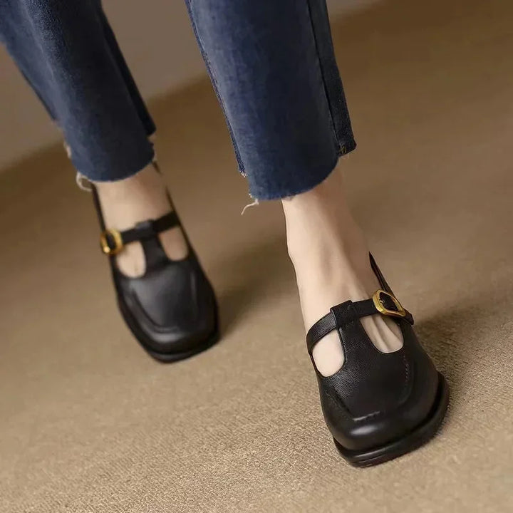 Front view of elegant women's brown T-Strap Mary Jane block heel shoes with a sleek square toe.