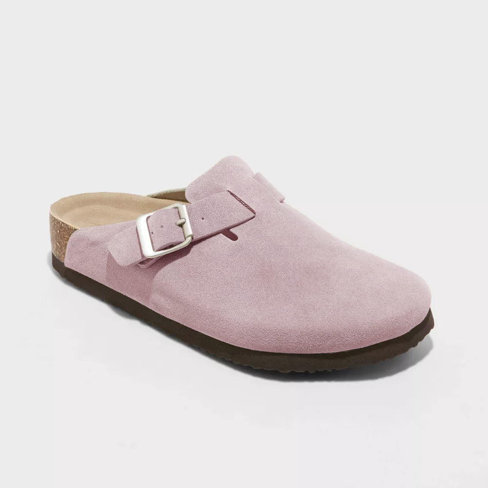 Stylish women's slip-on clog slippers with adjustable buckle strap, closed toe, comfortable footbed.