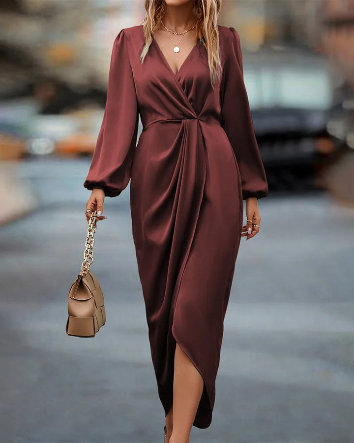 Women's burgundy wrap midi dress with V-neck & long sleeves, ideal for elegant evening wear or office.