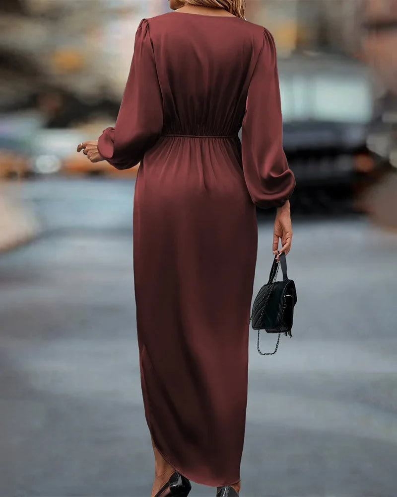 Stylish women's burgundy V-neck long sleeve wrap midi dress, perfect for formal events, parties, & office.