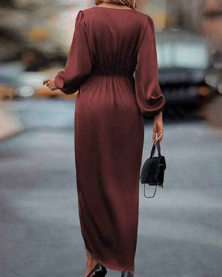 Stylish women's burgundy V-neck long sleeve wrap midi dress, perfect for formal events, parties, & office.