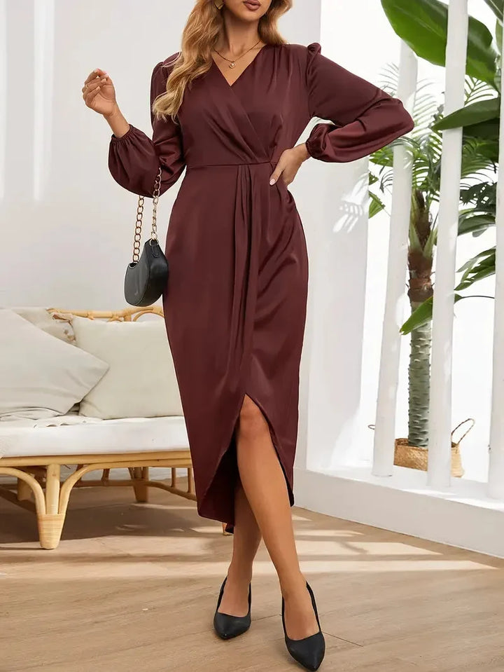 Burgundy women's wrap midi dress, V-neck, long sleeves. A stylish & versatile choice for evening & office fashion.
