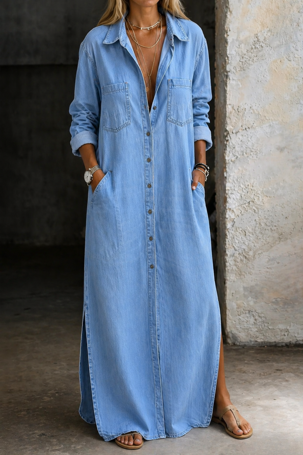 Women's button-down collared longline dress with practical side pockets, perfect for everyday wear.