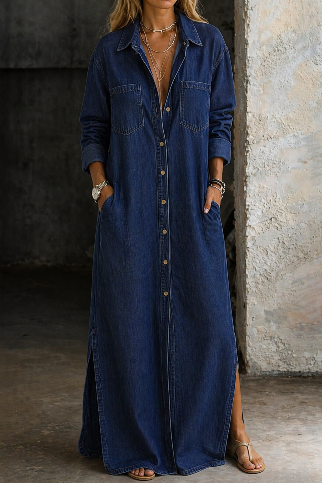 Relaxed fit women's collared longline dress, button-down front & pockets, suitable for stylish spring & autumn days.