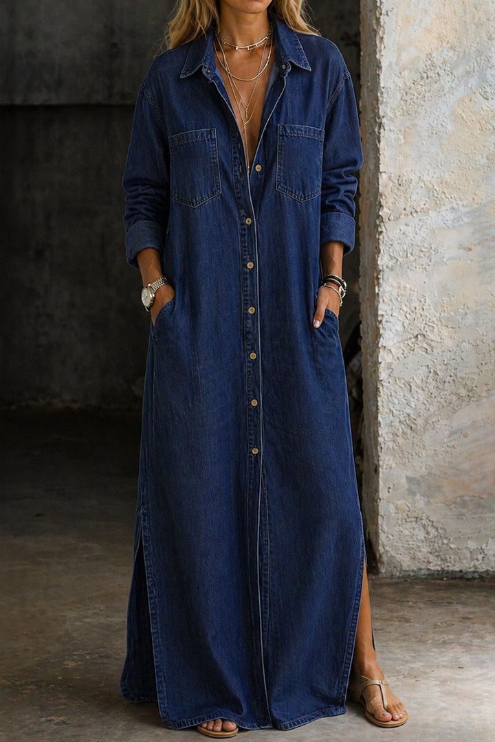 Relaxed fit women's collared longline dress, button-down front & pockets, suitable for stylish spring & autumn days.