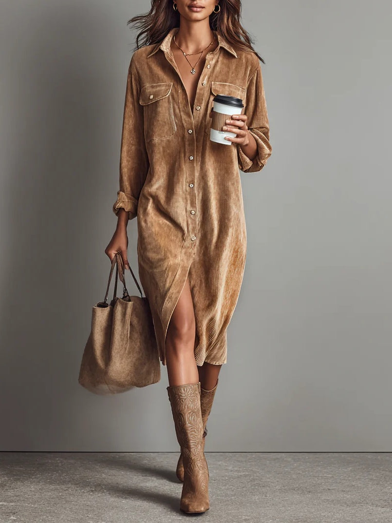 Women's button-down midi dress with long sleeves & collar, perfect for office or casual wear.