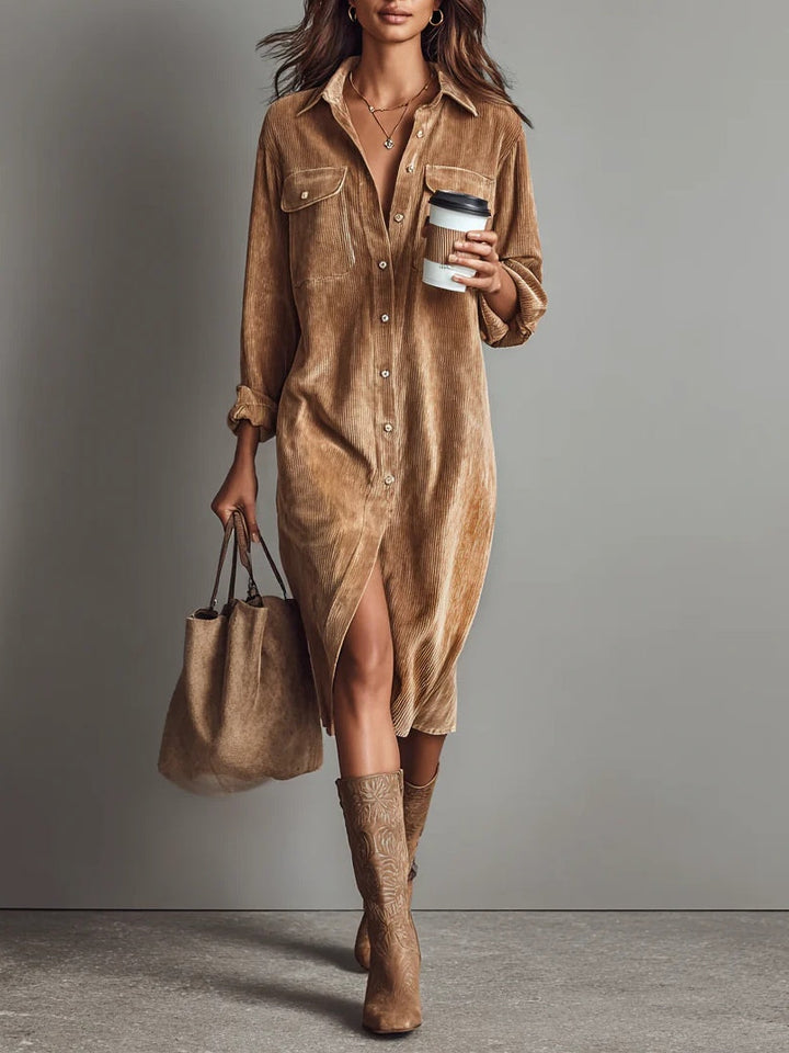 Women's button-down midi dress with long sleeves & collar, perfect for office or casual wear.
