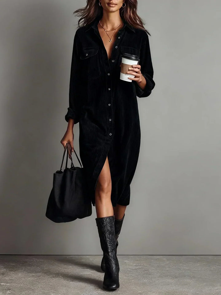 Stylish women's midi dress featuring a button-down front, long sleeves, and classic collar.
