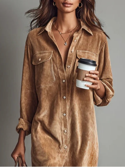 Casual elegant women's midi dress with a straight silhouette, long sleeves, and button-down collar.