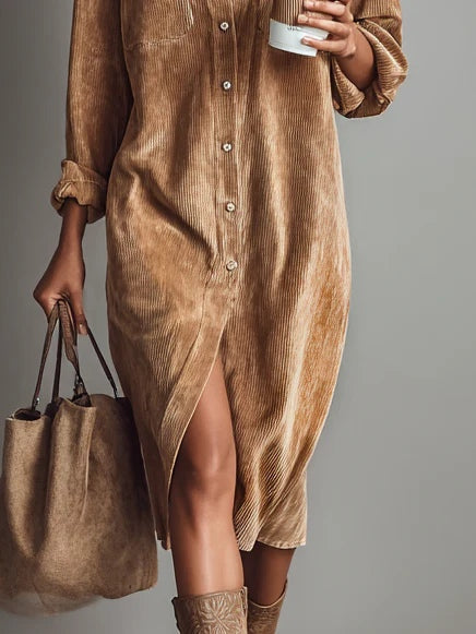 Versatile women's button-down midi dress; long sleeves, collar, and comfortable straight fit.