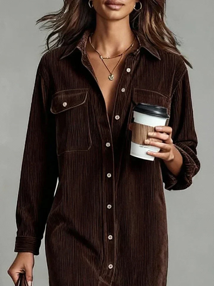 Fall/Spring women's midi dress. Long-sleeve button-down with collar, perfect for office fashion.