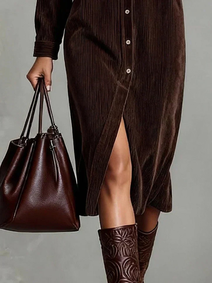 Classic women's long sleeve midi shirt dress, button-down design, collared for a chic look.