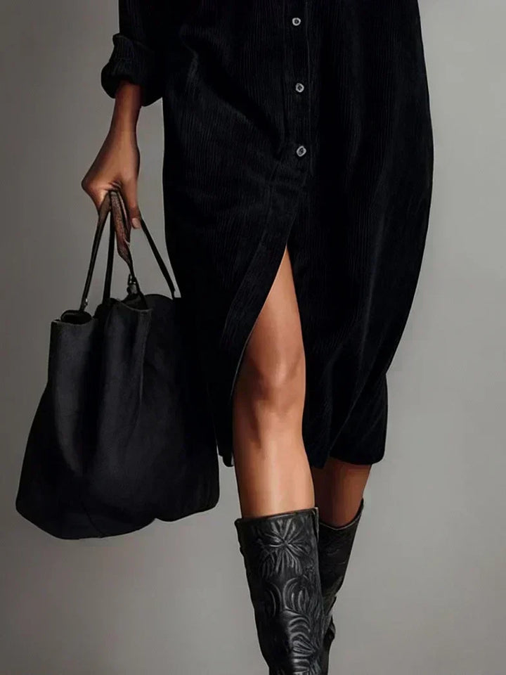 Straight silhouette women's midi dress with long sleeves, button-down front, and elegant collar.