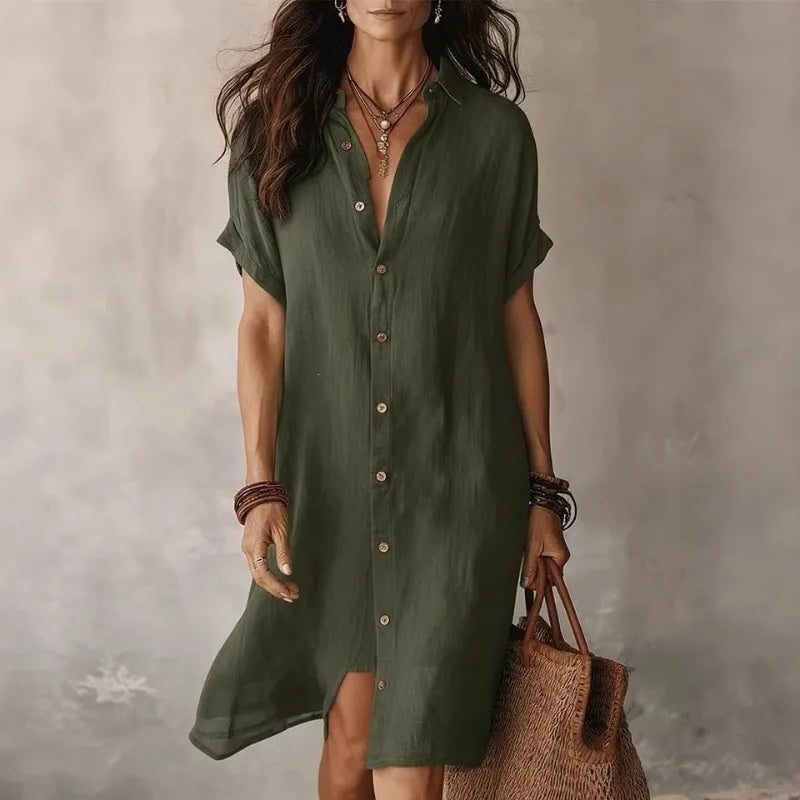 Women's button-down shirt dress, short sleeve, knee-length, casual & chic for summer everyday style.