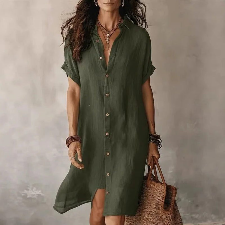 Women's button-down shirt dress, short sleeve, knee-length, casual & chic for summer everyday style.