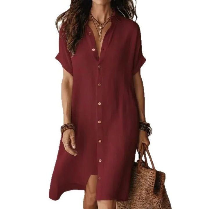 Comfortable women's button-down shirt dress, relaxed fit & chic. Great for versatile summer & everyday wear.