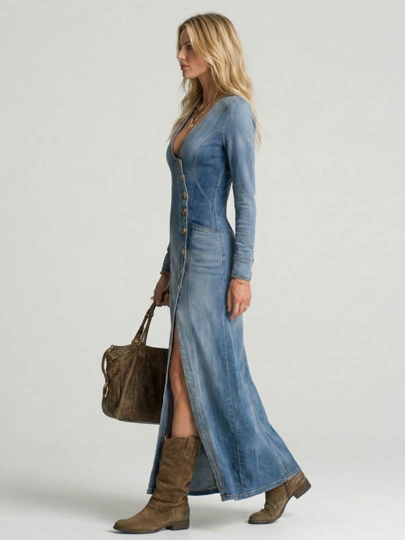 Versatile women's button-front denim maxi dress. Elegant long-sleeve V-neck style, perfect for casual or dressed-up occasions.