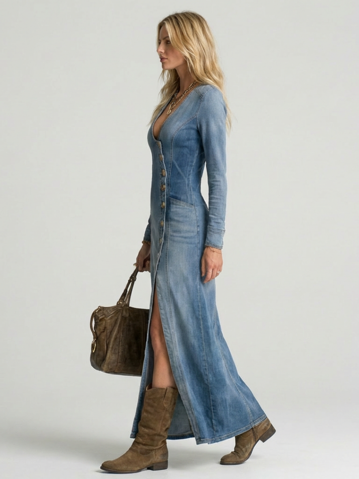 Versatile women's button-front denim maxi dress. Elegant long-sleeve V-neck style, perfect for casual or dressed-up occasions.