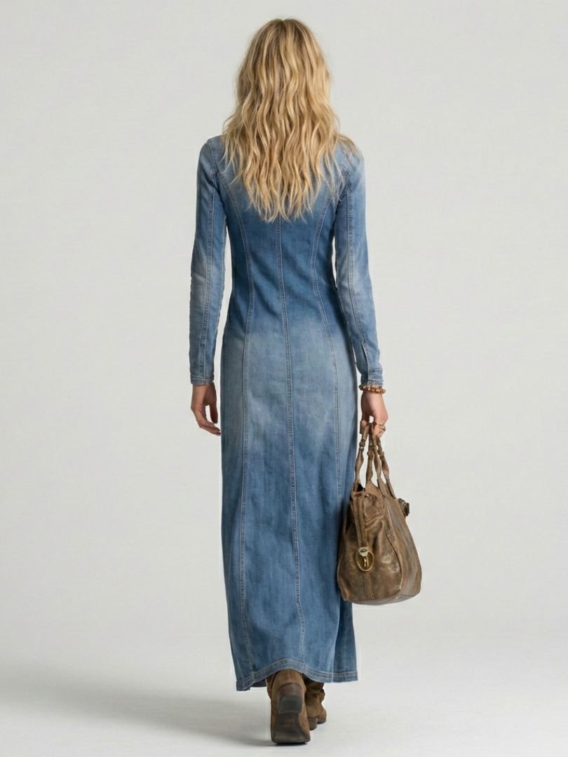 Stylish women's long-sleeve denim maxi dress, button-front & V-neck design. Comfortable, floor-length, ideal for fall fashion.
