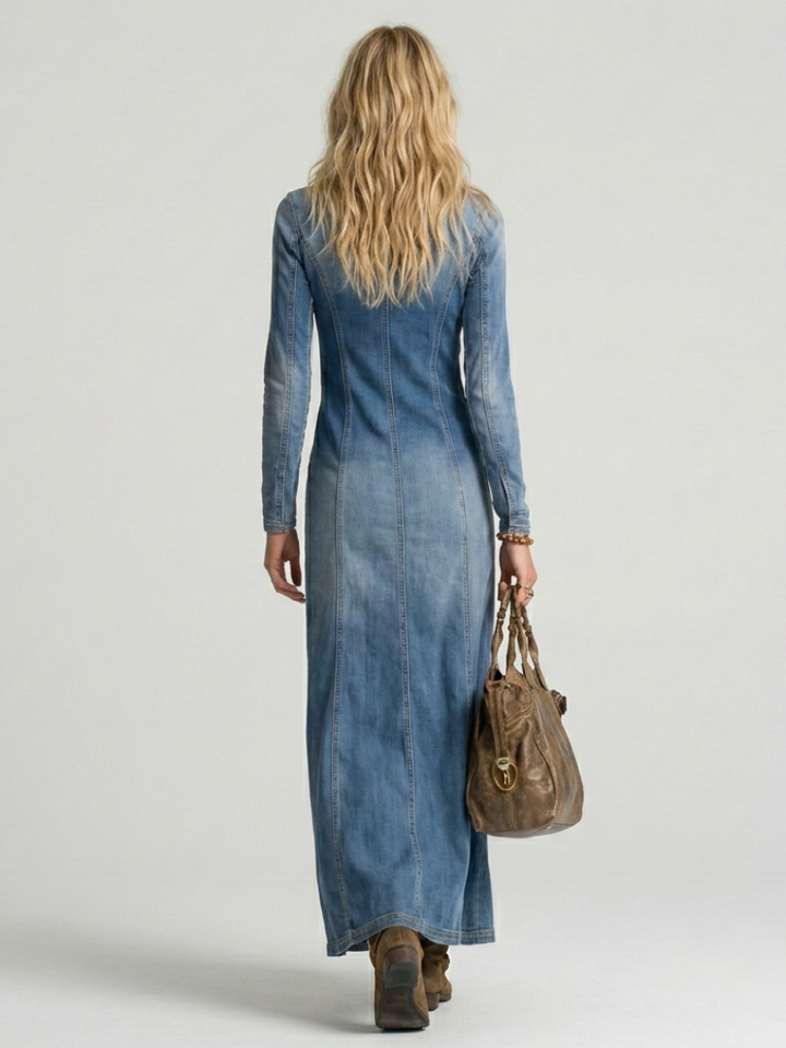 Stylish women's long-sleeve denim maxi dress, button-front & V-neck design. Comfortable, floor-length, ideal for fall fashion.