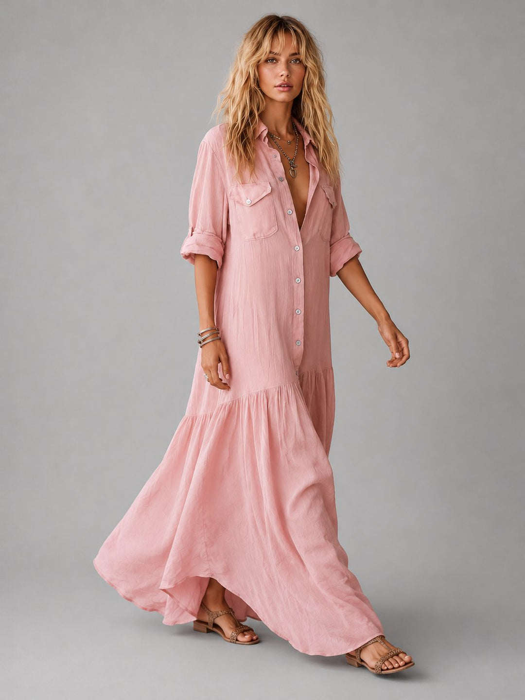 Effortless women's maxi shirt dress with button front. Comfortable & stylish, great for casual elegance.