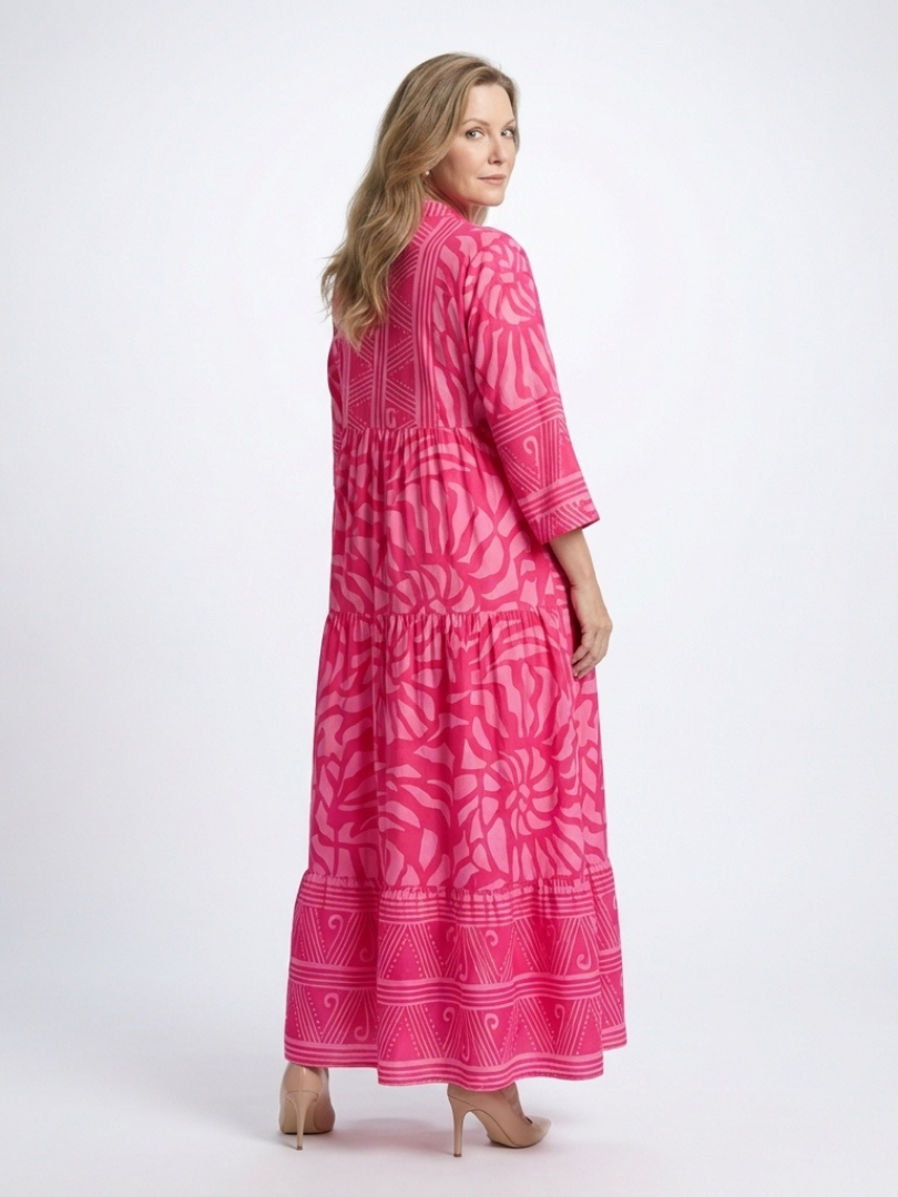Chic women's midi dress with full button front, collar neckline & elbow sleeves for relaxed everyday wear.