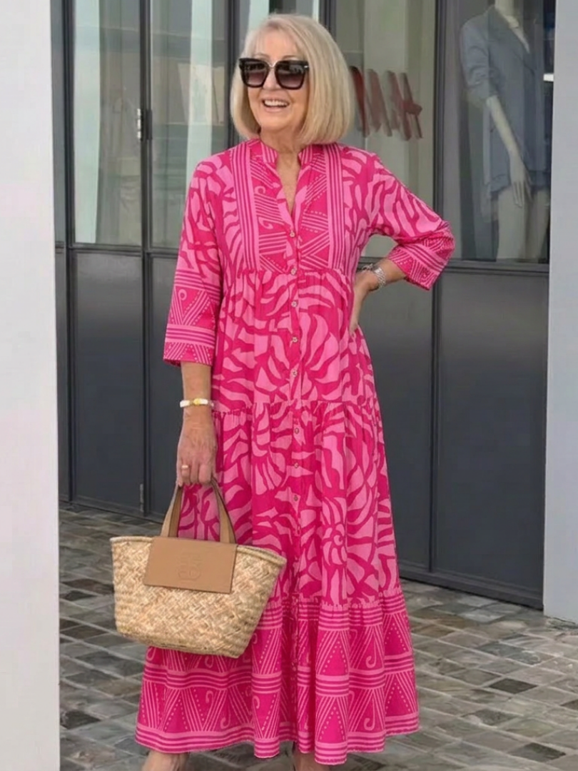 Comfortable women's summer midi dress, button-front design, elbow sleeves & collar. Ideal for travel.