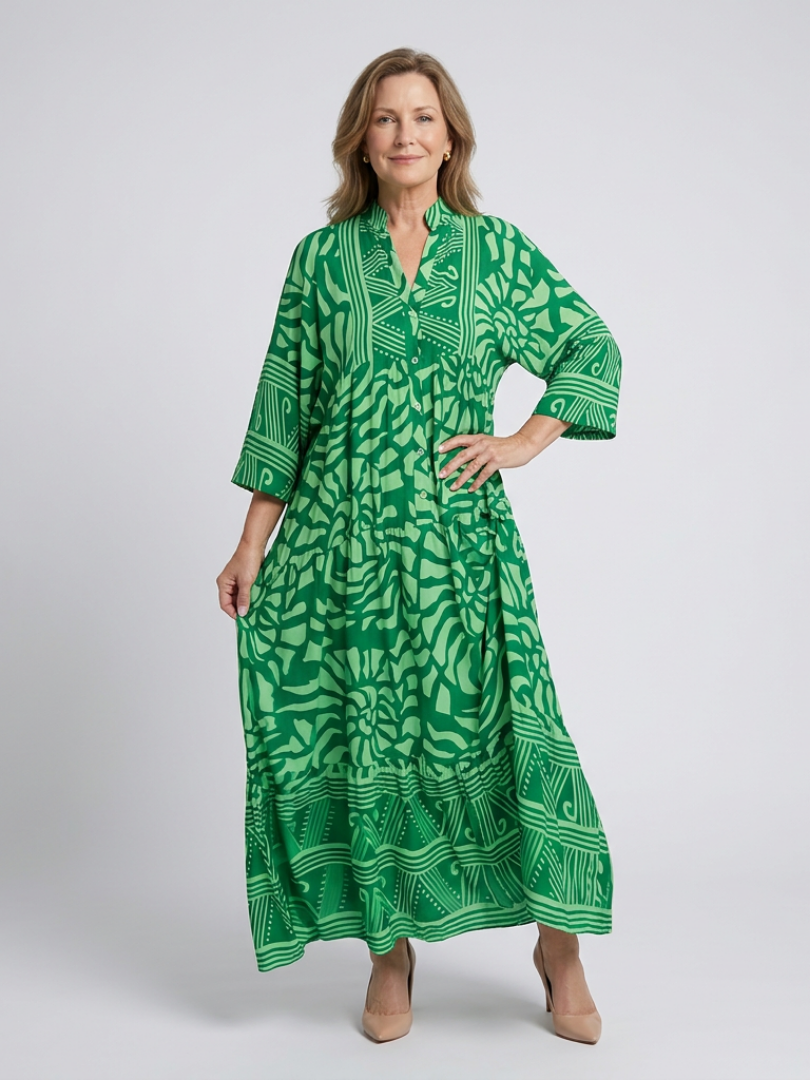 Classic women's button-front midi dress, relaxed fit, elbow sleeves & collar. Great for summer & everyday style.