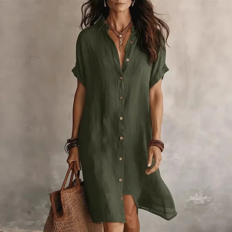 Elegant women's collared midi shirt dress with a button front & short sleeves. Ideal for a relaxed yet chic day-to-night style.