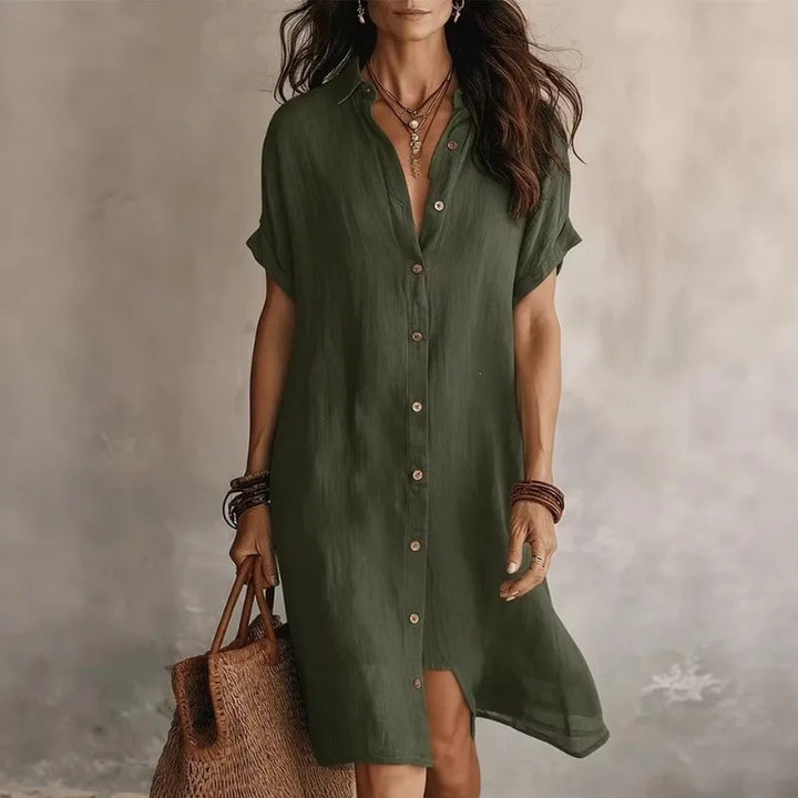 Elegant women's collared midi shirt dress with a button front & short sleeves. Ideal for a relaxed yet chic day-to-night style.