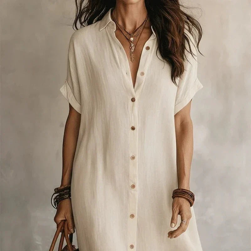 Stylish women's short sleeve midi dress with a full button front closure and classic collar, great for everyday elegance.