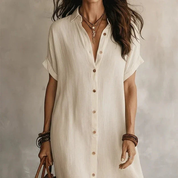 Stylish women's short sleeve midi dress with a full button front closure and classic collar, great for everyday elegance.