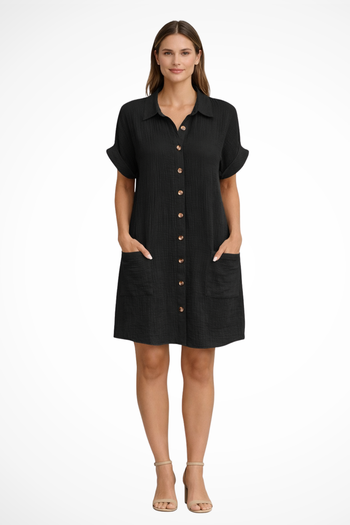 Stylish women's button-front beach dress with short sleeves, a versatile choice for any summer getaway.