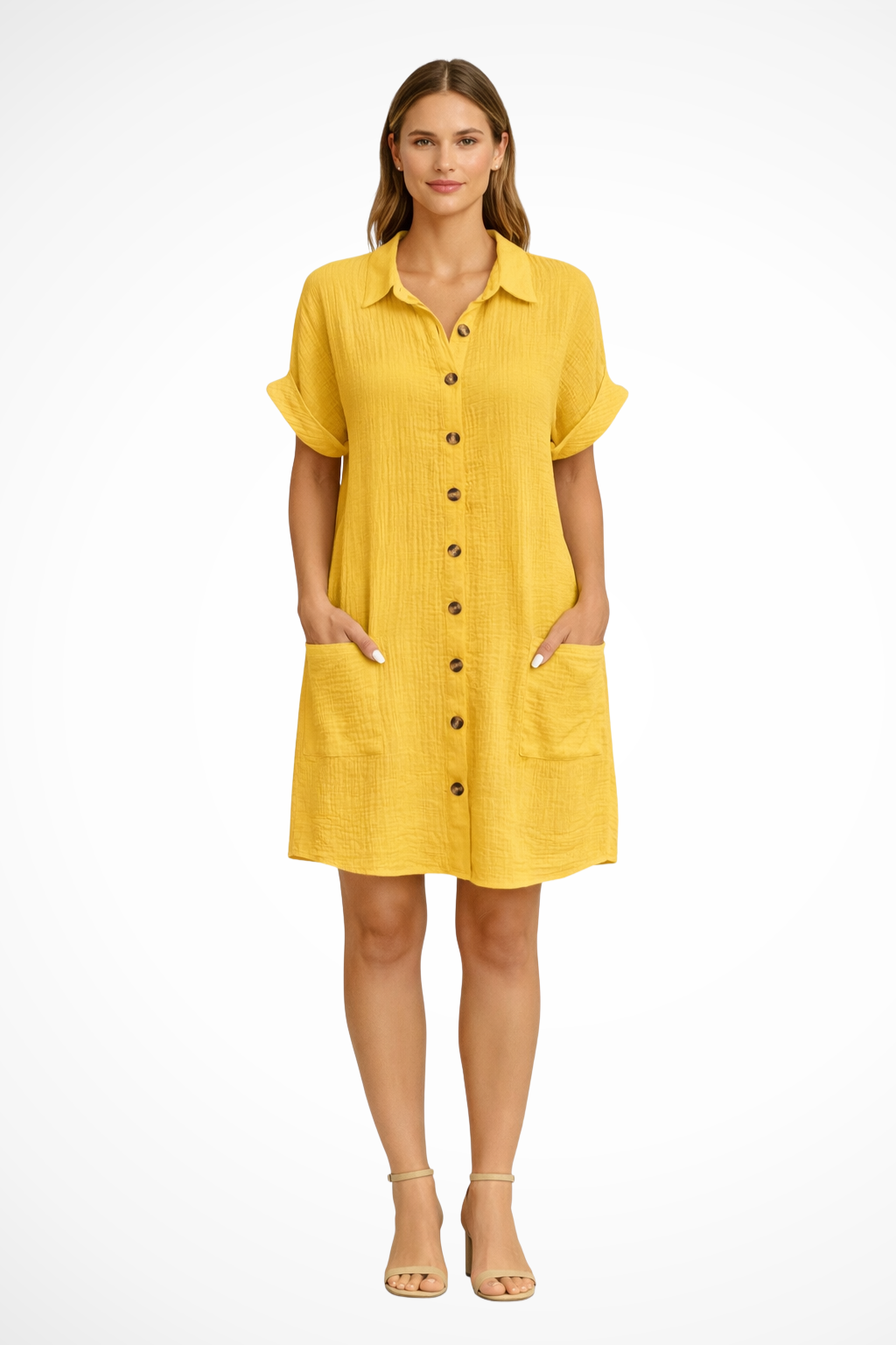 Casual women's short sleeve summer dress with full button front, suitable for beach, resort, and daily wear.