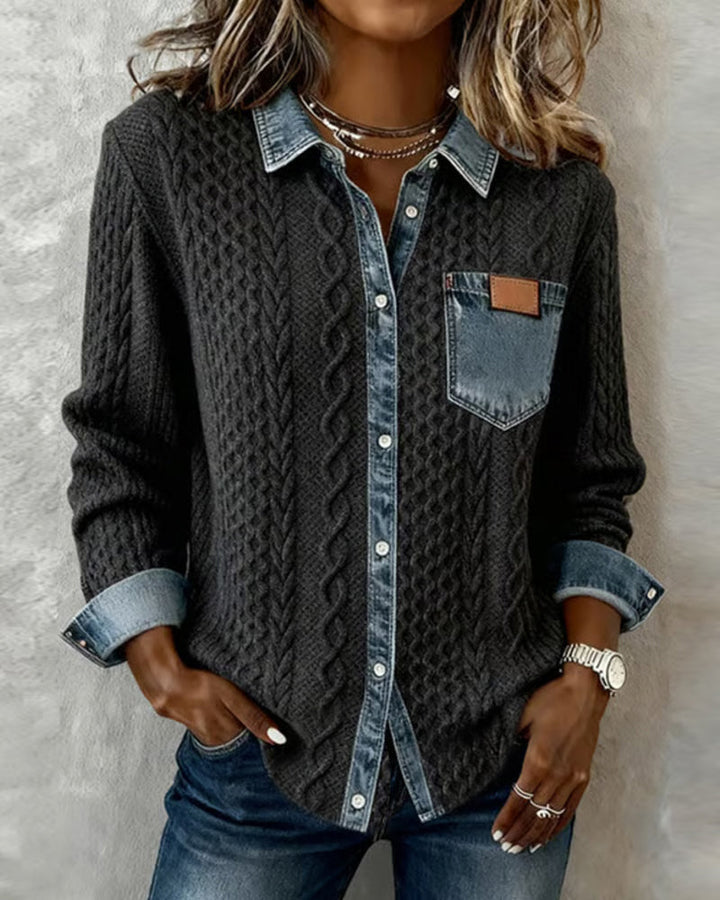 Women's cable knit button-front blouse. Stylish long sleeve collared top for casual elegance.