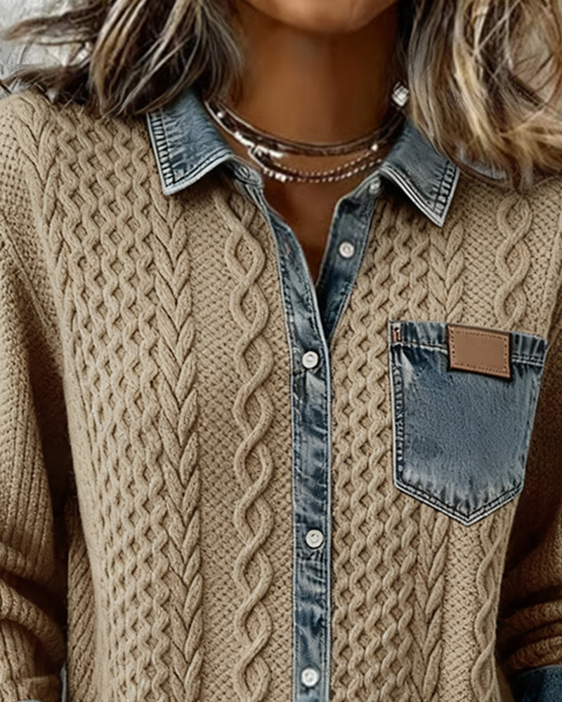 Chic women's cable knit top with a button-front and classic collar. Ideal for stylish, casual outfits.