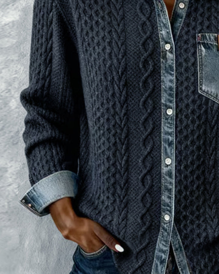 Women's textured cable knit long sleeve blouse, featuring a practical button-front. A comfortable top.