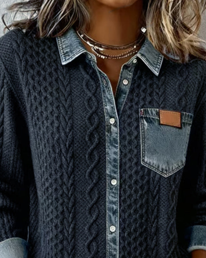Stylish women's cable knit button-front blouse. Versatile long sleeve collared top for comfort and elegance.