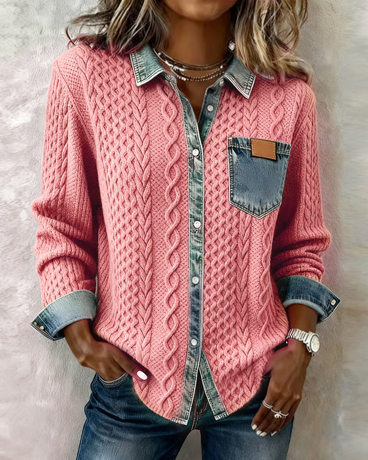 Textured cable knit women's blouse with button-front closure. Comfortable long sleeve everyday top.
