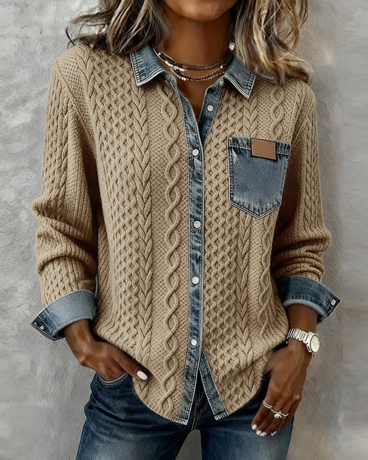 Elegant women's cable knit blouse, button-front design. Versatile long sleeve top for various occasions.