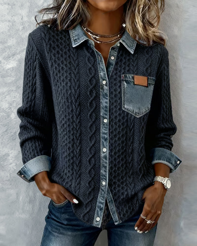 Casual women's button-front collared shirt in a cozy cable knit texture. Perfect for everyday wear.
