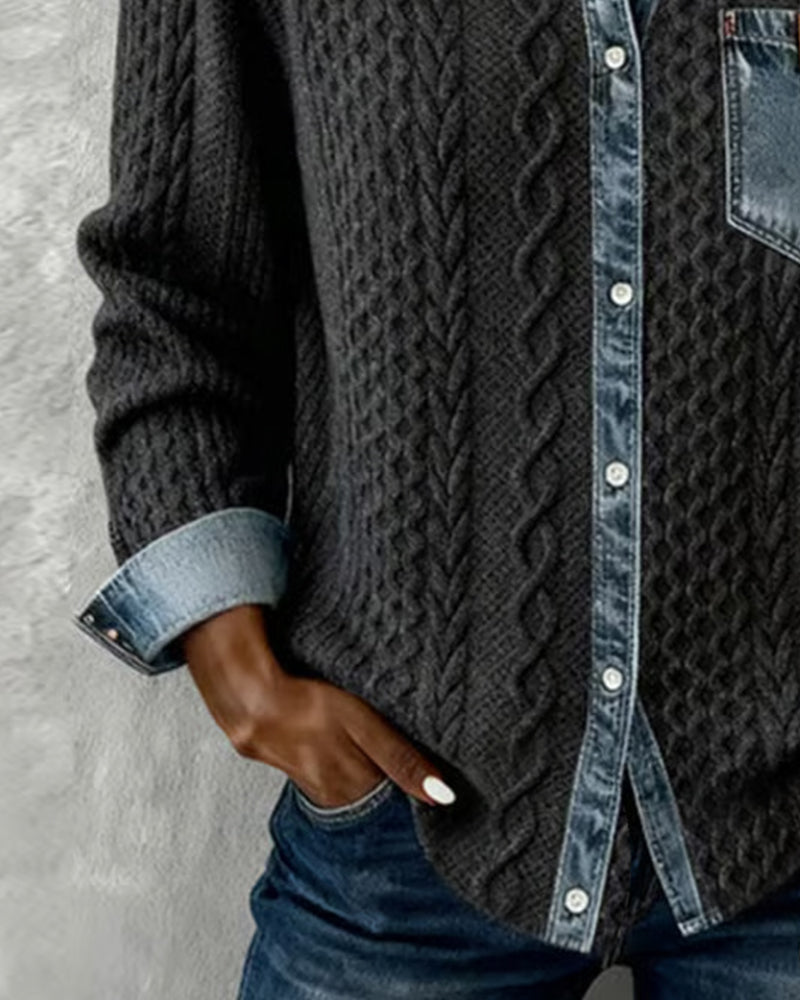 Stylish long sleeve women's top featuring a distinct cable knit pattern and button-front.