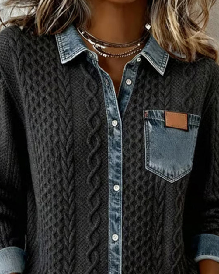 Comfortable women's cable knit blouse. Classic button-front and collared design for everyday elegance.