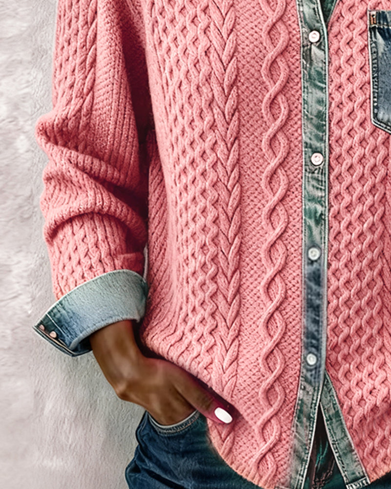 Women's collared cable knit blouse with button-front closure. A stylish and textured long sleeve top.