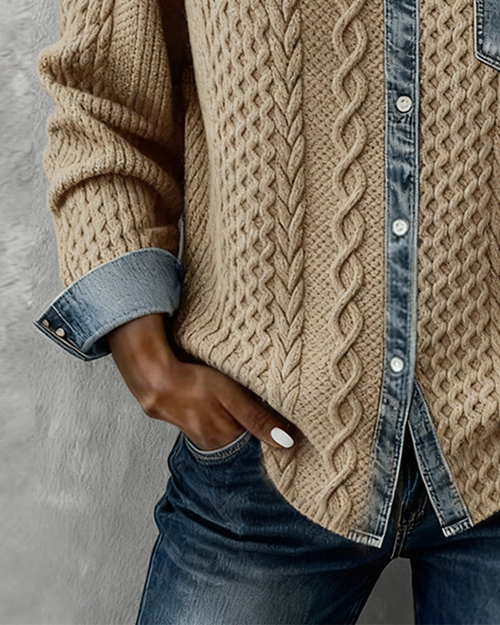 Everyday wear women's button-front blouse. Soft cable knit texture and comfortable long sleeves.