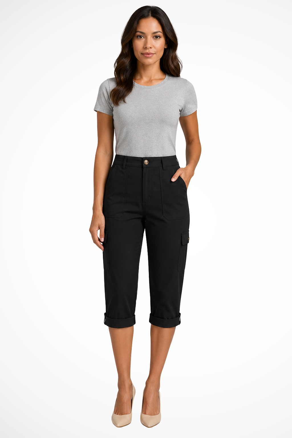 Women's cargo cropped trousers with roll-up hem, perfect for casual versatile everyday wear.