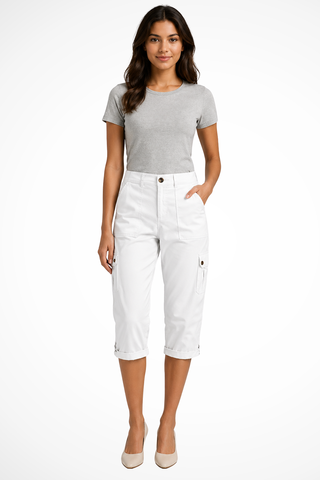Stylish women's multi-pocket cargo cropped pants with versatile roll-up hem for fashion & comfort.