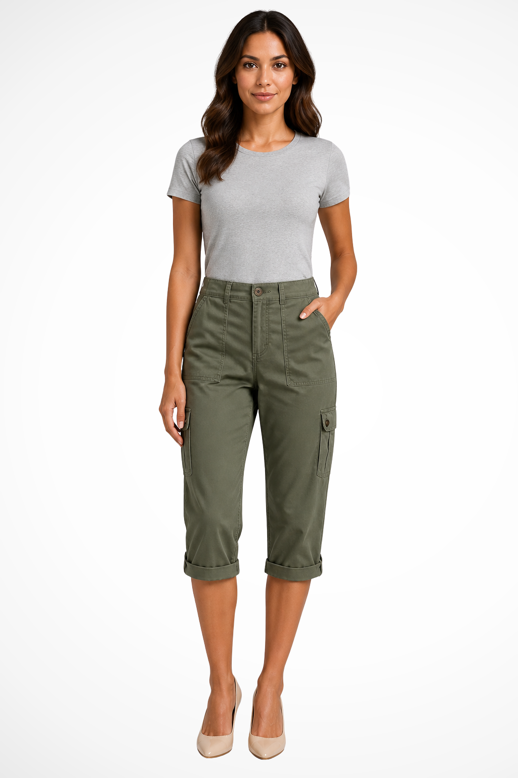 Durable women's cargo pants, cropped with roll-up hem, offering versatile fashion for daily wear.